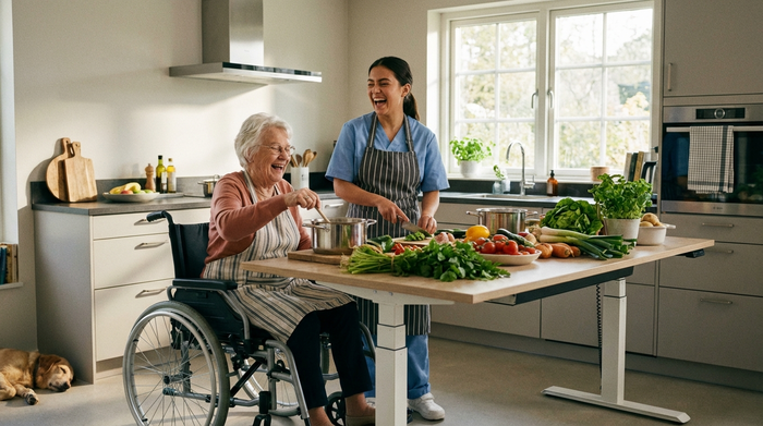 Eine ältere Dame und eine junge Betreuerin kochen gemeinsam lachend in einer modernen, barrierefreien Küche. Frisches Gemüse auf der Arbeitsplatte, fröhliche Stimmung.