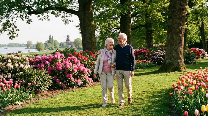 Zwei Senioren spazieren an einem sonnigen Nachmittag entspannt durch eine grüne Parkanlage am Niederrhein, umgeben von gepflegten Blumenbeeten und alten Bäumen.