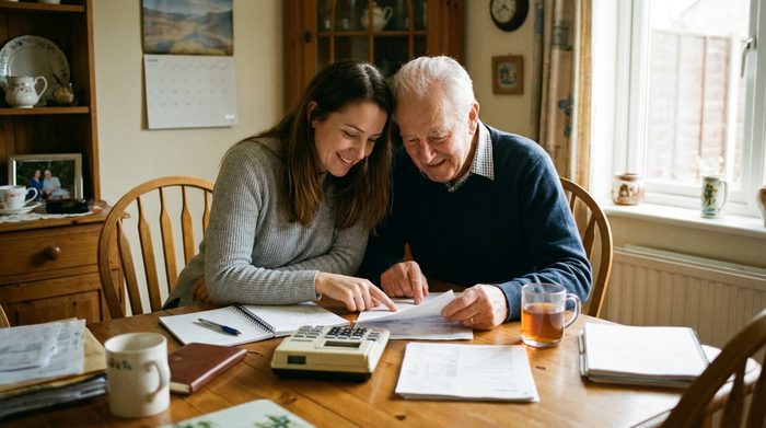 Eine erwachsene Tochter sitzt mit ihrem älteren Vater am Esstisch und schaut gemeinsam auf Dokumente. Ein Taschenrechner liegt daneben, konzentrierte aber entspannte Planungsatmosphäre.