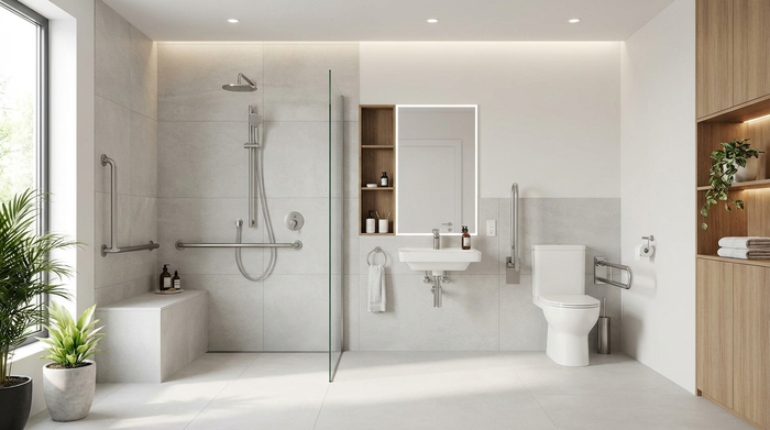 Ein modernes, helles, barrierefreies Badezimmer mit einer bodengleichen Dusche, eleganten Haltegriffen und rutschfesten Fliesen. Sauber, sicher und komfortabel eingerichtet.