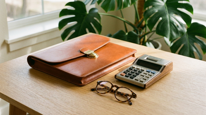Ein eleganter Aktenordner, ein Taschenrechner und eine Brille liegen geordnet auf einem hellen Eichenschreibtisch. Im Hintergrund ist unscharf eine grüne Zimmerpflanze zu erkennen.