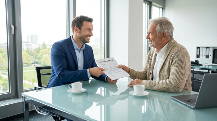 Ein freundlicher Berater im Anzug reicht einem älteren Herrn ein Dokument über einen gläsernen Bürotisch. Beide wirken entspannt, erleichtert und sehr zufrieden.