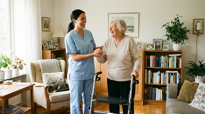 Eine freundliche Pflegekraft in hellblauer Kleidung hilft einer lächelnden Seniorin beim Gehen im eigenen, gemütlichen Zuhause. Die Umgebung ist hell, aufgeräumt und strahlt Geborgenheit aus.
