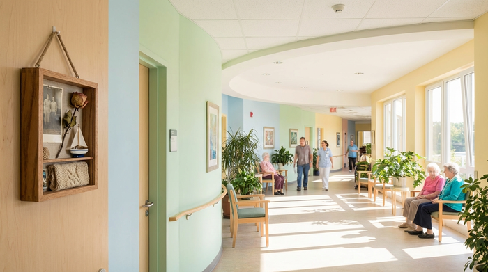 Ein breiter, heller Flur in einer Pflegeeinrichtung, der als Rundweg angelegt ist. Die Wände sind in sanften, beruhigenden Pastellfarben gestrichen. An einer Zimmertür hängt ein kleiner Holzkasten mit persönlichen Erinnerungsstücken.
