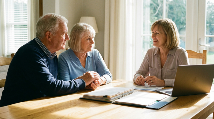 Ein älteres Ehepaar sitzt gemeinsam mit einer freundlichen Beraterin an einem hellen Holztisch. Auf dem Tisch liegen übersichtlich sortierte Dokumente. Die Stimmung ist ernst, aber erleichtert und vertrauensvoll.