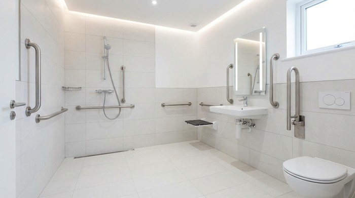 Ein modernes, barrierefreies Badezimmer mit einer großzügigen, bodengleichen Dusche. Helle Fliesen und gut sichtbare, stabile Haltegriffe an den Wänden sorgen für eine sichere und saubere Umgebung.
