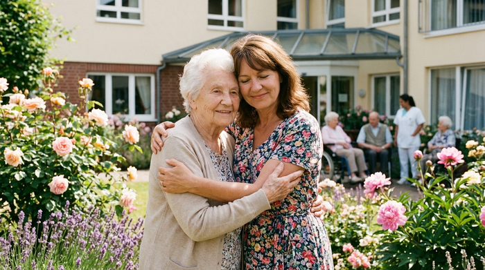 Eine liebevolle Umarmung zwischen einer erwachsenen Tochter und ihrer älteren Mutter im Garten einer Pflegeeinrichtung. Beide lächeln sanft, umgeben von blühenden Blumen und sonnigem Wetter.