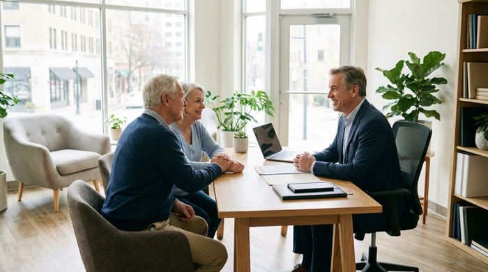 Ein professionelles Beratungsgespräch in einem hellen Büro. Ein freundlicher Berater mittleren Alters sitzt an einem aufgeräumten Schreibtisch und spricht zugewandt mit einem älteren Ehepaar. Realistische Szene, entspannte und vertrauensvolle Stimmung, keine sichtbaren Schriften.