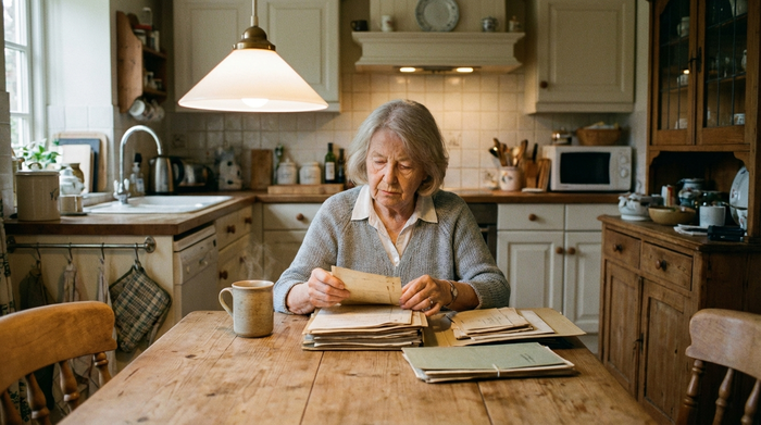 Eine nachdenkliche ältere Frau sitzt am Küchentisch und sortiert sorgfältig einige Dokumente in Mappen. Eine Tasse Kaffee steht daneben. Das warme Licht einer Hängelampe beleuchtet die gemütliche, aufgeräumte Szene. Fotorealistisch, ohne lesbaren Text.