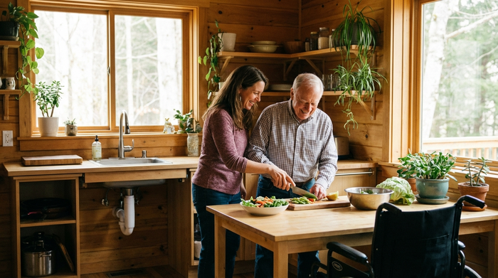 Eine liebevolle Betreuungskraft hilft einem lächelnden älteren Herrn beim Zubereiten eines Salats in einer gemütlichen, barrierefreien Holzküche. Beide wirken entspannt und vertraut. Helle, freundliche Umgebung, realistische Fotografie.