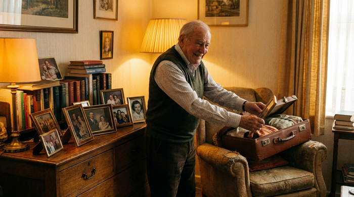 Ein gemütlich eingerichtetes Zimmer mit persönlichen Gegenständen. Ein älterer Herr richtet liebevoll gerahmte Familienfotos auf einer Kommode aus. Ein gepackter Koffer steht halb verdeckt im Hintergrund. Stimmungsvolle, warme Beleuchtung, realistisch.