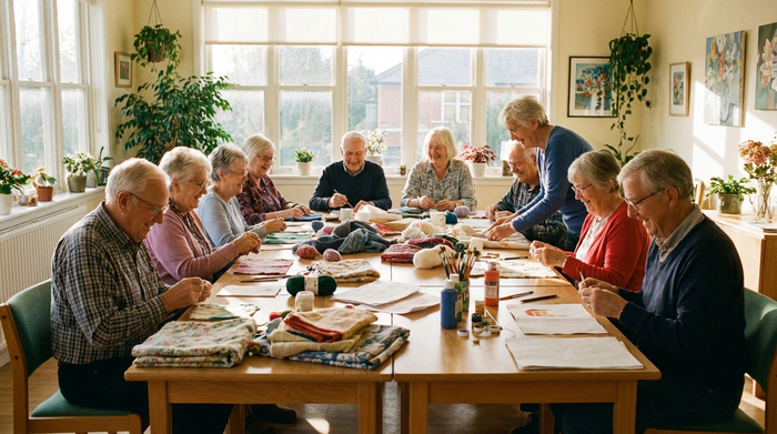 Eine Gruppe fröhlicher Senioren sitzt in einem lichtdurchfluteten Raum zusammen und bastelt an einem großen Tisch. Ein entspannter, sozialer Moment voller Freude, realistische Darstellung, warme Farben.