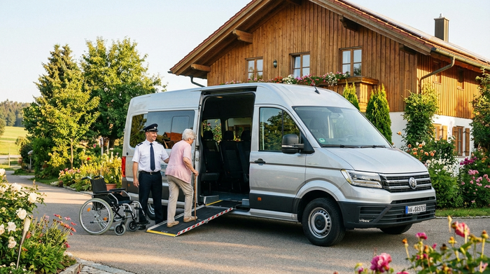 Ein moderner, rollstuhlgerechter Kleinbus steht vor einem gepflegten Einfamilienhaus im Grünen. Ein freundlicher Fahrer hilft einer älteren Dame behutsam beim Einsteigen, sonniger Morgen.