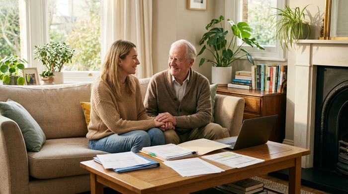 Eine entspannte Tochter sitzt mit ihrem älteren Vater auf einem gemütlichen Sofa im heimischen Wohnzimmer. Beide lächeln erleichtert, auf dem Tisch liegen ordentlich sortierte Unterlagen. Helle, freundliche Wohnatmosphäre.