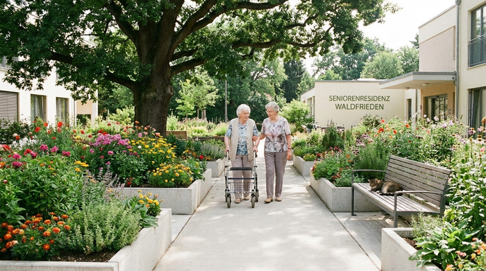 Ein barrierefreier, idyllischer Garten einer Pflegeeinrichtung. Zwei ältere Damen spazieren gemütlich auf einem gepflasterten, sicheren Weg zwischen blühenden Blumenbeeten. Sonniges Wetter, friedliche Stimmung.