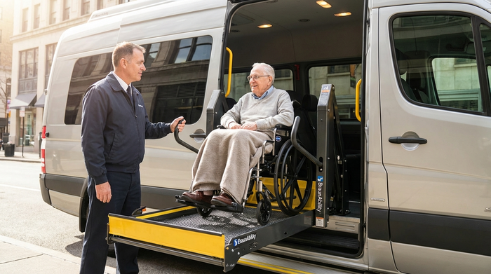 Ein aufmerksamer Fahrer bedient sorgfältig eine hydraulische Hebebühne an einem geräumigen Transportfahrzeug, um einen älteren Herrn im Rollstuhl sicher und sanft in den hellen Innenraum zu heben.