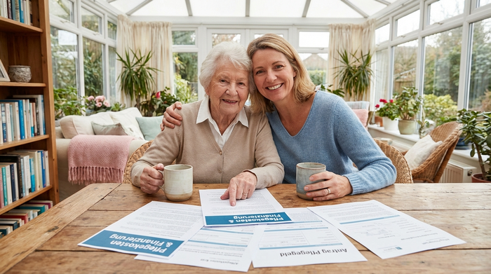 Eine ältere Dame und ihre Tochter sitzen entspannt an einem gemütlichen Holztisch bei einer Tasse Kaffee und betrachten zufrieden verschiedene Dokumente zur Pflegefinanzierung.
