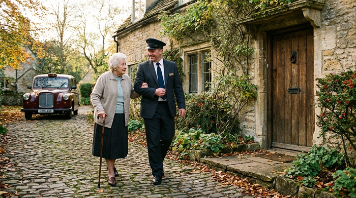 Ein hilfsbereiter Fahrer reicht einer älteren Dame mit Gehstock lächelnd den Arm, während sie gemeinsam langsam und sicher einen gepflasterten Weg zur Haustür gehen.