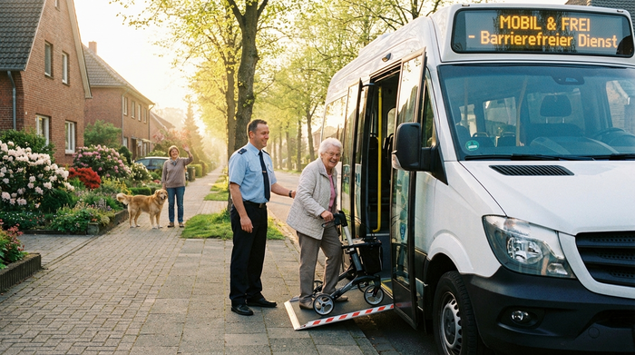 Ein freundlicher Fahrer hilft einer lächelnden älteren Dame mit Rollator beim sicheren Einstieg in einen modernen, barrierefreien Kleinbus. Sonniges Morgenlicht in einer gepflegten Wohnstraße.