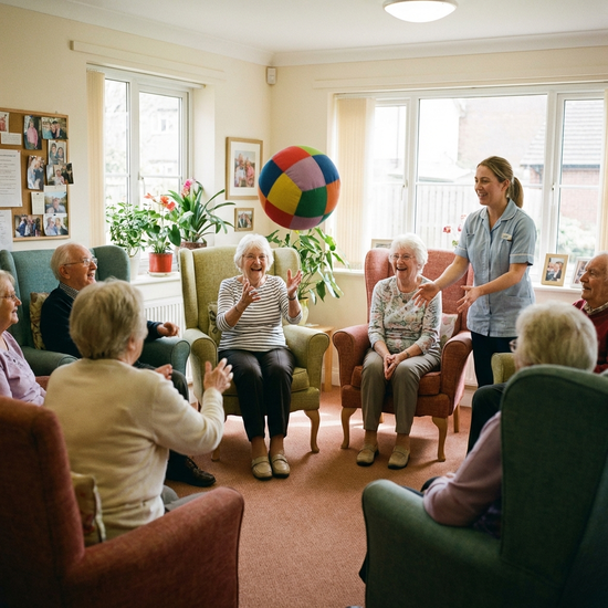 Eine Gruppe von Senioren sitzt im Kreis in bequemen Sesseln und wirft sich lachend einen weichen, bunten Gymnastikball zu. Eine Betreuerin leitet die fröhliche Runde an.
