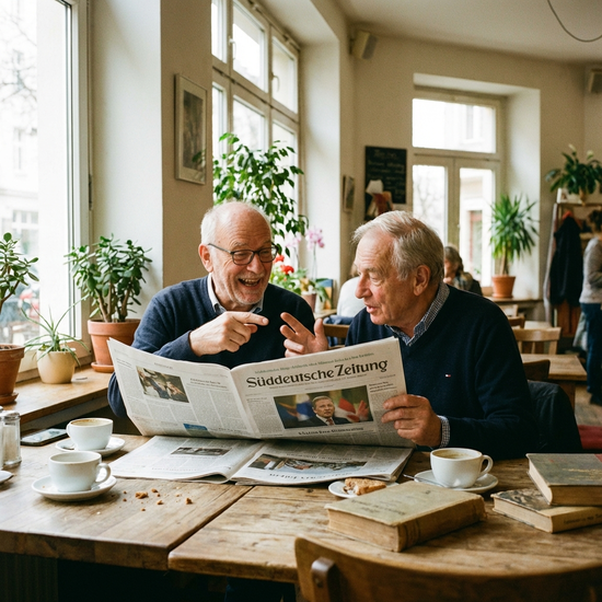 Zwei ältere Herren lesen gemeinsam eine aufgeschlagene Tageszeitung an einem Holztisch und diskutieren angeregt. Kaffeetassen stehen auf dem Tisch, das Ambiente ist hell und freundlich.