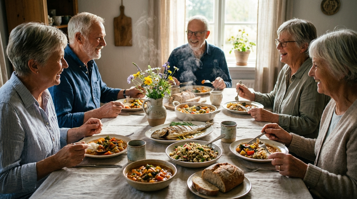 Ein liebevoll gedeckter Esstisch mit einem gesunden, dampfenden Mittagessen. Senioren sitzen in geselliger Runde zusammen, essen mit Freude und unterhalten sich.