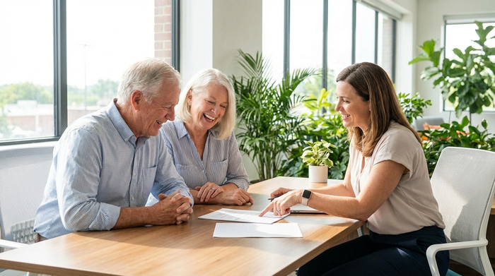 Ein älteres Ehepaar sitzt mit einer sympathischen Beraterin an einem Schreibtisch. Sie betrachten entspannt Dokumente. Helle, professionelle Büroatmosphäre mit Pflanzen im Hintergrund.