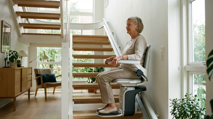 Ein moderner Treppenlift in einem gepflegten, hellen Einfamilienhaus. Eine ältere Dame fährt sicher und entspannt die Treppe hinauf, eine Hand ruht auf der Armlehne.