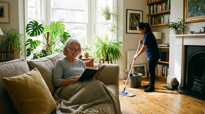 Eine rüstige Seniorin liest entspannt ein Buch auf dem Sofa, während im Hintergrund eine Reinigungskraft den Holzboden wischt. Helles, freundliches Wohnzimmer mit Pflanzen.