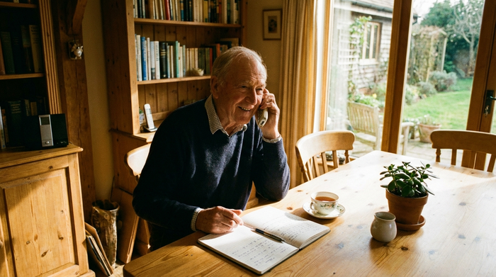 Ein älterer Herr sitzt an einem aufgeräumten Esstisch und telefoniert lächelnd. Vor ihm liegt ein aufgeschlagener Notizblock. Angenehmes Sonnenlicht fällt durch das Fenster.