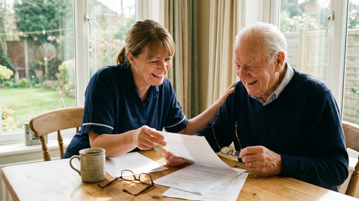 Eine Pflegerin und ein Senior sitzen gemeinsam am Tisch und besprechen entspannt Dokumente. Eine Kaffeetasse steht auf dem Tisch, vertrauensvolle und ruhige Atmosphäre.