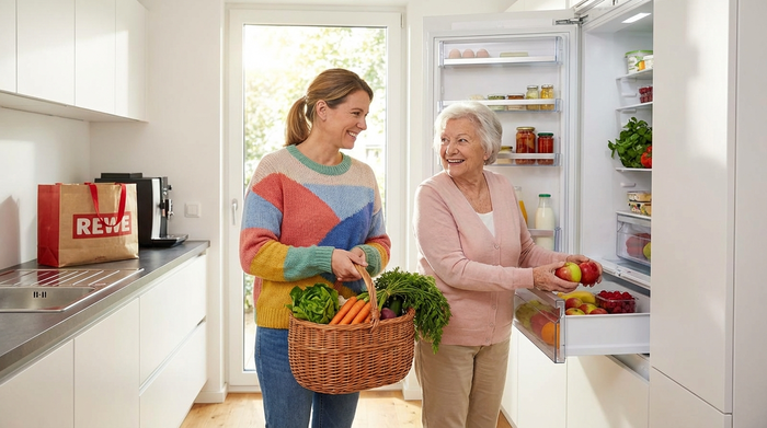Eine freundliche Alltagsbegleiterin räumt gemeinsam mit einer Seniorin frische Lebensmittel wie Gemüse und Obst in den Kühlschrank einer sauberen, modernen Küche ein.