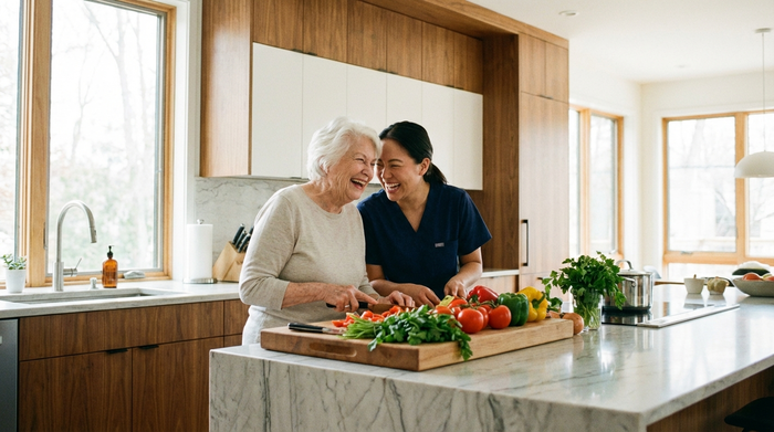 Eine ältere Dame und eine Pflegekraft kochen gemeinsam in einer modernen, hellen Küche. Frisches Gemüse liegt auf dem Holzbrett. Beide lachen und wirken entspannt.