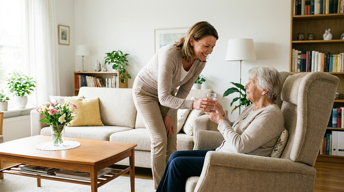 Eine aufmerksame Betreuungskraft reicht einer Seniorin ein Glas Wasser. Im Hintergrund ein aufgeräumtes, helles Wohnzimmer mit gemütlichen Möbeln.