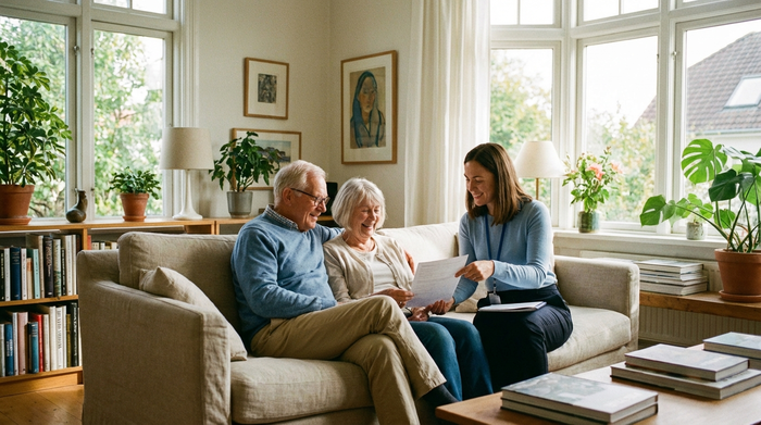 Ein älteres Ehepaar sitzt entspannt auf dem Sofa, während eine freundliche Assistentin beim Ausfüllen von Formularen hilft. Helle, freundliche Atmosphäre.