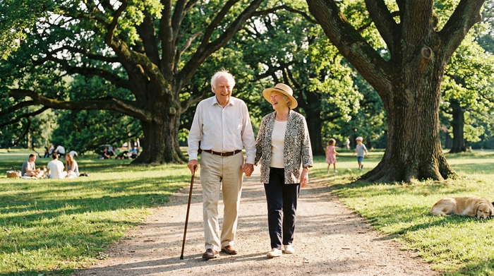Ein Senior und seine Begleiterin spazieren an einem sonnigen Tag fröhlich durch einen grünen Park mit alten Bäumen. Friedliche und sichere Umgebung.