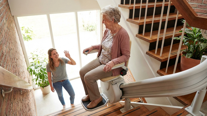 Eine ältere Frau fährt sicher mit einem modernen Treppenlift nach oben, während eine Alltagsbegleiterin unten freundlich lächelnd zuschaut. Helles Treppenhaus.