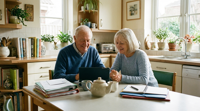 Ein älteres Ehepaar sitzt am Küchentisch und schaut entspannt auf ein Tablet. Auf dem Tisch liegen einige ordentlich sortierte Dokumente. Eine Teekanne steht in der Mitte. Die Atmosphäre ist beruhigend, positiv und aufgeräumt.