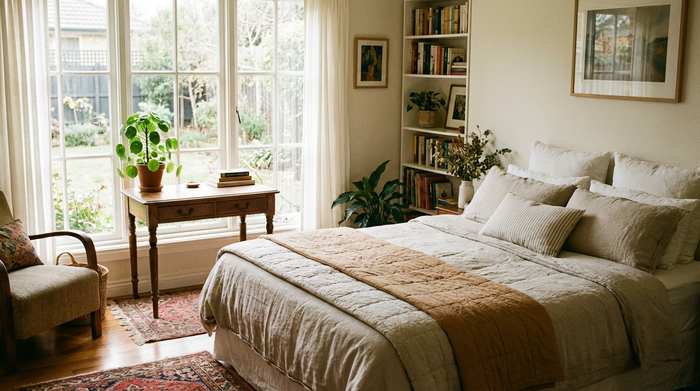 Ein helles, liebevoll eingerichtetes Gästezimmer mit einem bequemen Bett, einem kleinen Schreibtisch und einem großen Fenster, das viel Tageslicht hereinlässt. Eine kleine grüne Pflanze steht auf dem Tisch. Die Einrichtung wirkt gemütlich und einladend.