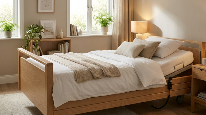 Ein sauberes, modernes elektrisches Pflegebett aus hellem Holz in einem gemütlichen, gut beleuchteten Schlafzimmer. Auf dem liebevoll gemachten Bett liegt eine gefaltete Tagesdecke. Realistische, ruhige Szene ohne Text.