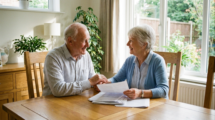 Ein älteres Ehepaar sitzt am Esstisch und schaut erleichtert auf einige Dokumente. Der Mann hält sanft die Hand seiner Frau. Helles Tageslicht, aufgeräumtes Esszimmer, positive und beruhigende Stimmung, keine lesbaren Texte.