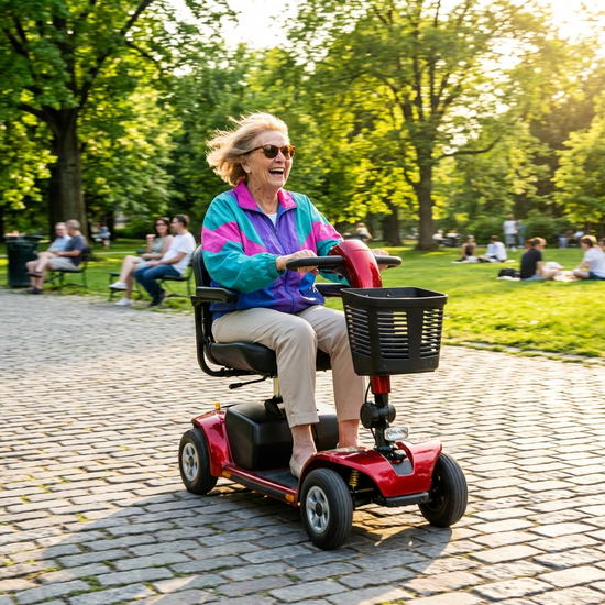 Eine rüstige Seniorin fährt mit einem roten Elektromobil lächelnd über einen gepflasterten Weg in einem sonnigen Park. Grüne Bäume im Hintergrund, klares Wetter, dynamische und lebensfrohe Szene.