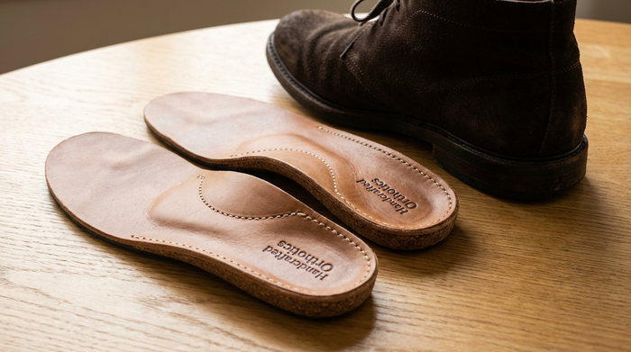 Nahaufnahme von hochwertigen, maßgefertigten orthopädischen Einlagen, die neben einem bequemen, modernen Lederschuh auf einem hellen Holztisch liegen. Warme, natürliche Beleuchtung, realistische Szene.