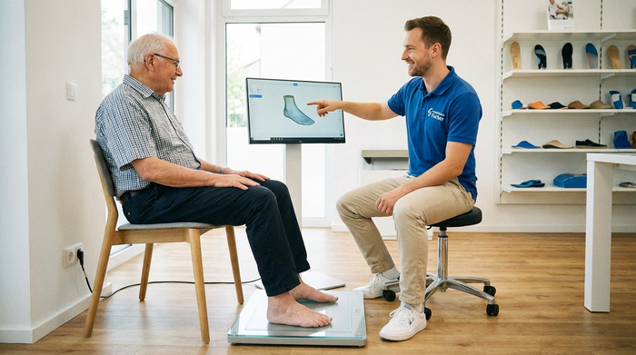 Ein freundlicher Orthopädietechniker in sauberer Arbeitskleidung hilft einem älteren Herrn bei der berührungslosen 3D-Vermessung der Füße in einem hellen, modernen Sanitätshaus. Die Szene wirkt professionell und vertrauensvoll.