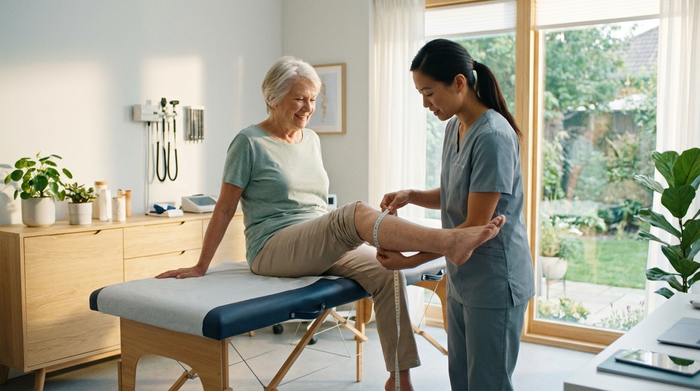 Eine medizinische Fachkraft misst mit einem flexiblen Maßband behutsam den Wadenumfang einer Seniorin, die entspannt auf einer Untersuchungsliege sitzt. Helles, sauberes Behandlungszimmer, sanftes Morgenlicht.