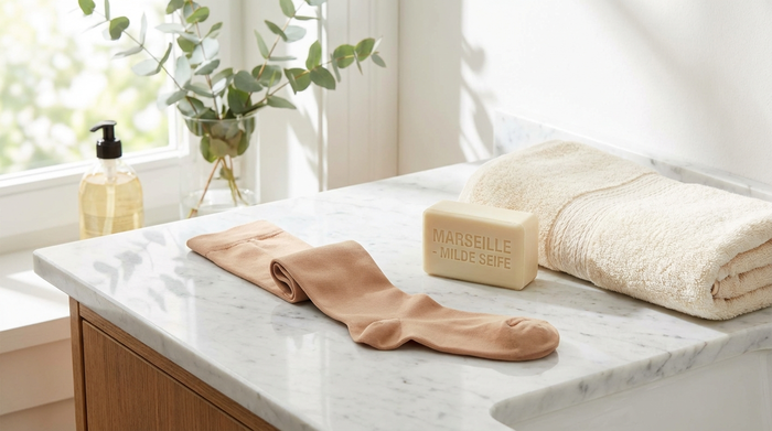 Ein sauberer, hautfarbener Kompressionsstrumpf liegt zusammen mit einer milden Seife und einem weichen Handtuch auf einer sauberen Badezimmerablage. Frische und hygienische Atmosphäre.