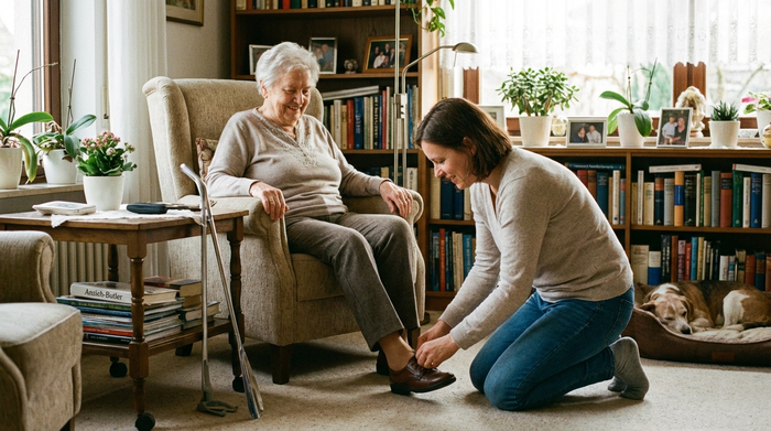 Eine fürsorgliche Tochter hilft ihrer älteren Mutter im Wohnzimmer liebevoll beim Anziehen der Schuhe. Auf dem Tisch daneben liegt ein spezieller Anzieh-Butler aus Metall. Gemütliche, familiäre Umgebung.