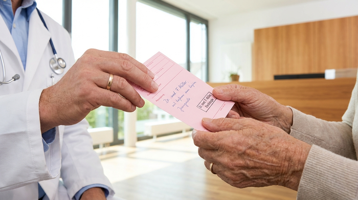 Eine Nahaufnahme von den Händen eines Arztes, der ein rosafarbenes Rezeptformular an eine ältere Patientin in einer hellen, modernen Arztpraxis überreicht.