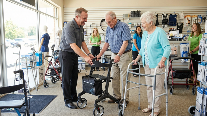 Eine freundliche Beraterin in einem Sanitätshaus zeigt einem Seniorenpaar verschiedene Rollatormodelle, darunter ein Standardmodell und eine Premium-Variante aus Carbon.