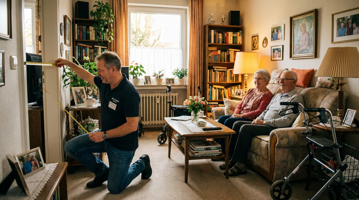 Ein professioneller Reha-Techniker misst mit einem Maßband sorgfältig die Türbreite in einem gemütlichen, gut beleuchteten Wohnzimmer eines älteren Ehepaars aus.